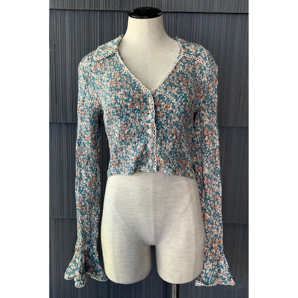 American Threads Teal Floral Boho Cottagecore Fairy Crop Top Long Sleeve Medium
